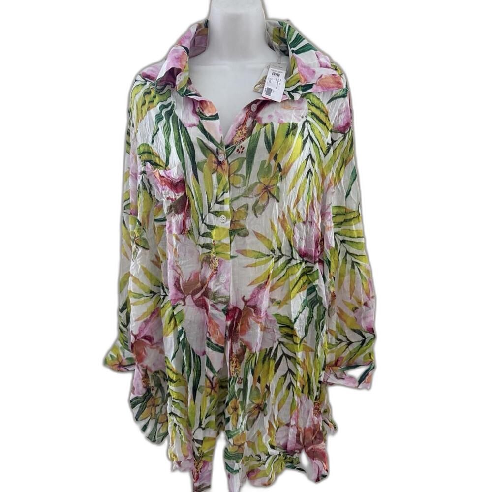 Charlie Paige Women's XL Floral Print Blouse Long Sleeve Coastal Resortwear NWT